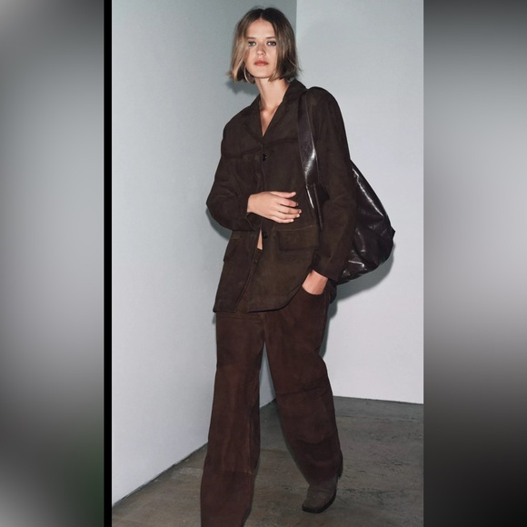ZARA 100% SUEDE LEATHER BLAZER JACKET - Picture 2 of 12